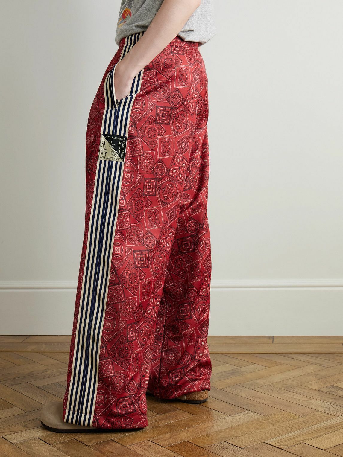 KAPITAL - Wide-Leg Striped Webbing-Trimmed Bandana-Print Tech-Jersey Track Pants - Red