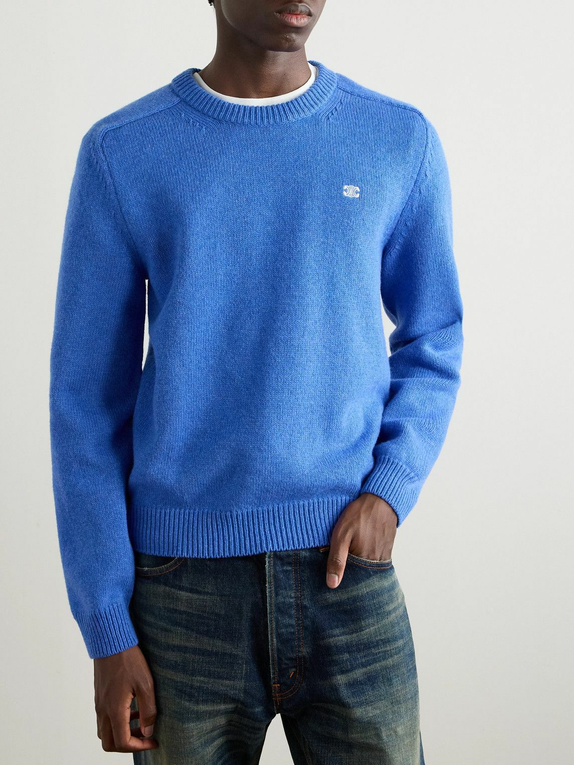 CELINE - Logo-Embroidered Wool and Cashmere-Blend Sweater - Blue