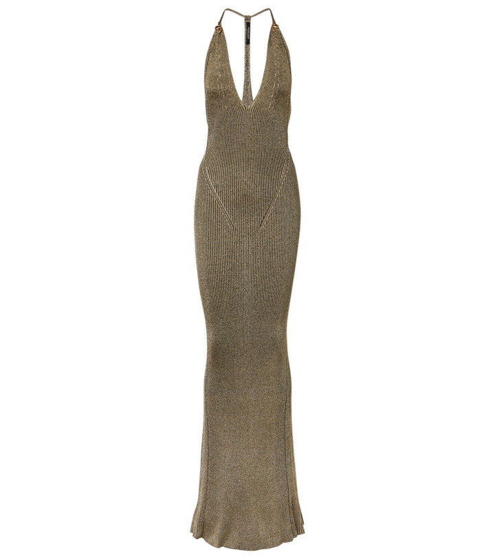 Photo: Roberto Cavalli Ribbed-knit lamé maxi dress