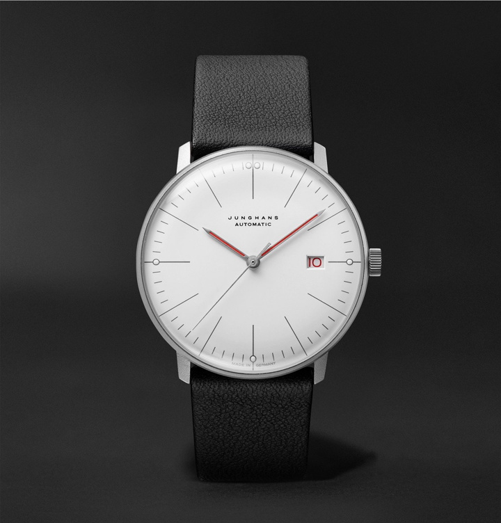 Photo: Junghans - Max Bill Bauhaus Automatic 38mm Stainless Steel and Textured-Leather Watch, Ref. No. 027/4009.02 - White