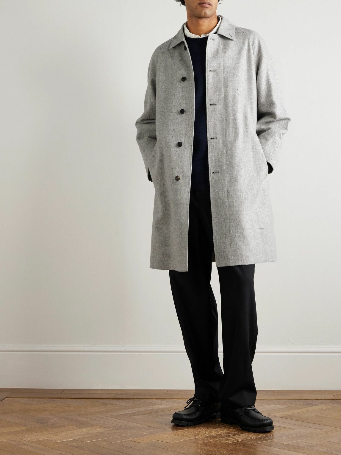 ATON - Balmacaan Linen and Wool-Blend Twill Coat - Gray ATON