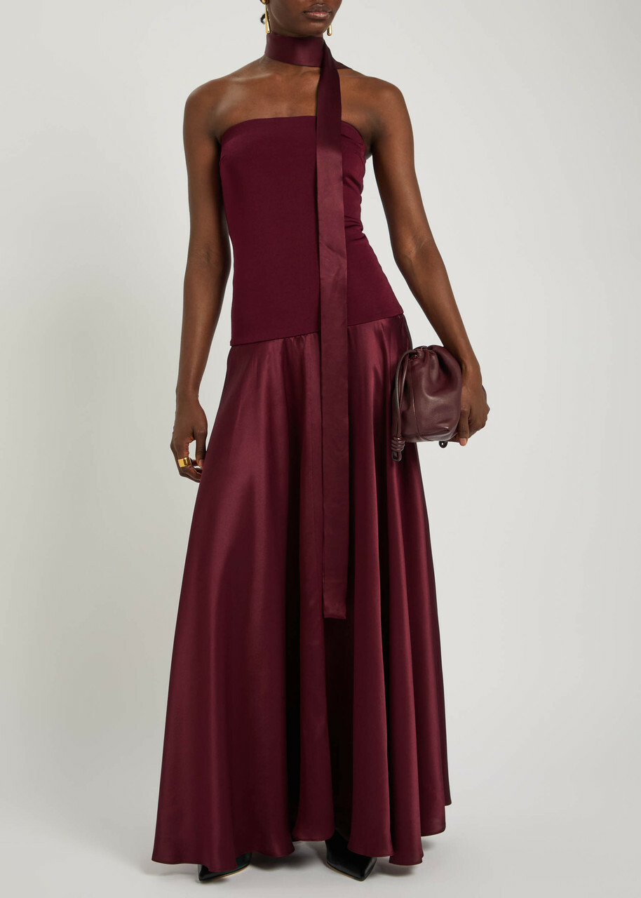 Esse Studios Illi Scarf-effect Silk and Stretch-knit Maxi Dress Burgundy