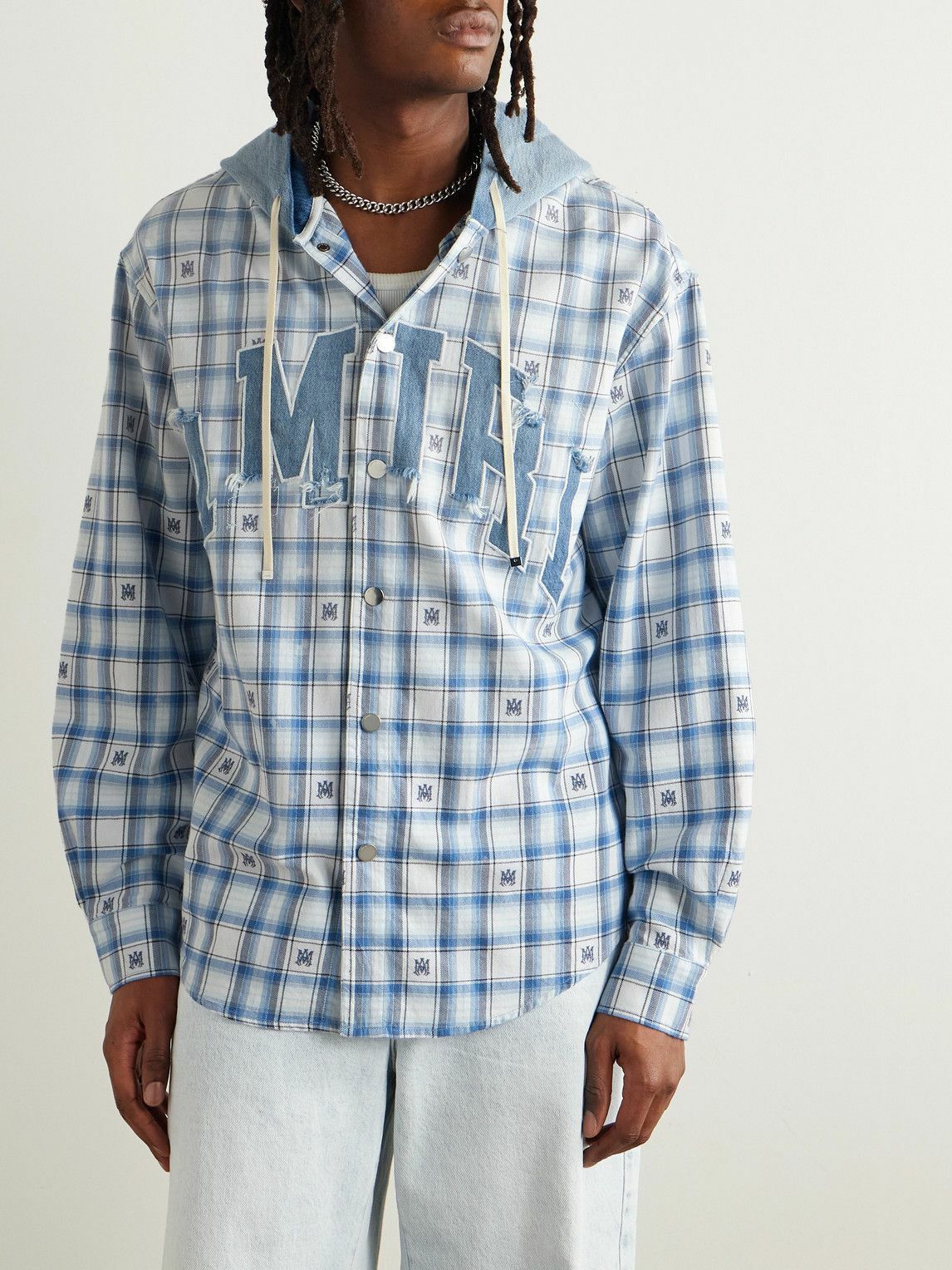 AMIRI - Denim-Trimmed Logo-Appliquéd Checked Cotton-Flannel Hooded