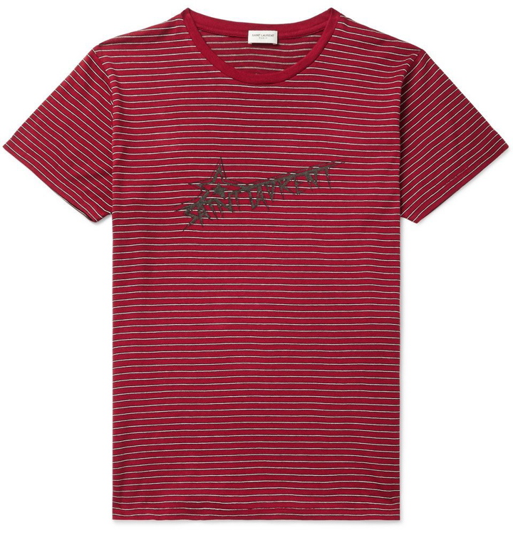 Photo: SAINT LAURENT - Logo-Print Striped Cotton-Jersey T-Shirt - Red