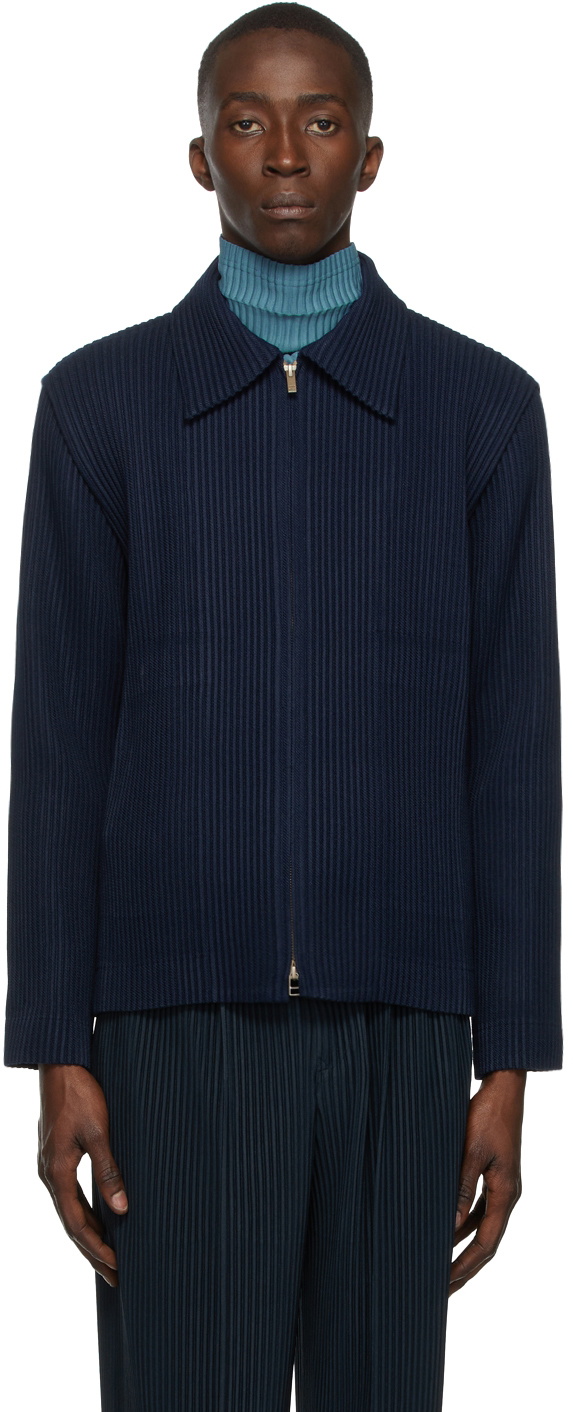 Homme Plissé Issey Miyake Navy Pleated Twill Jacket Homme Plisse