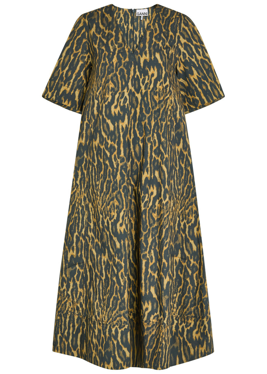 Ganni Leopard Stretch-cotton Midi Dress Khaki