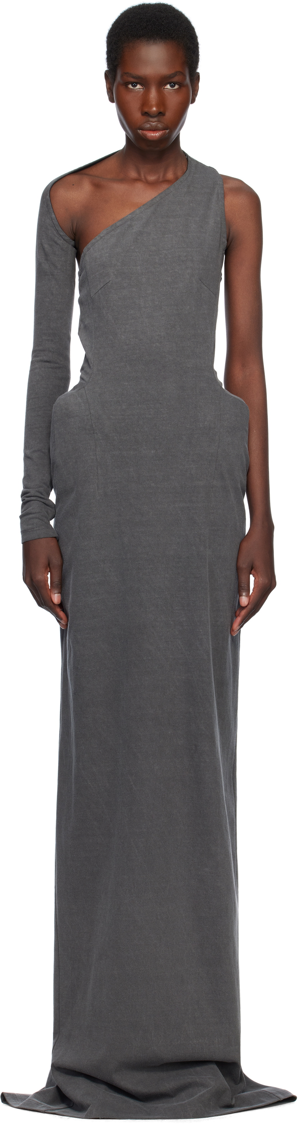 Pushbutton Gray Asymmetric Darted Slim Maxi Dress