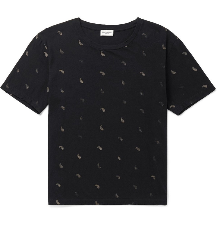 Photo: Saint Laurent - Printed Distressed Cotton-Jersey T-Shirt - Men - Black