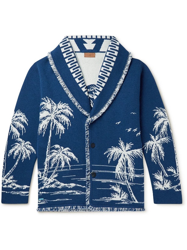 Photo: Alanui - Surrounded by the Ocean Shawl-Collar Cashmere and Wool-Blend Jacquard Cardigan - Blue