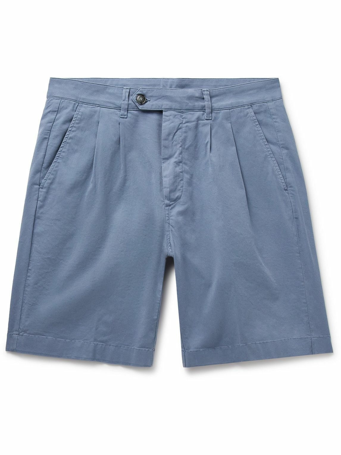 Photo: Canali - Straight-Leg Pleated Cotton-Blend Twill Bermuda Shorts - Blue