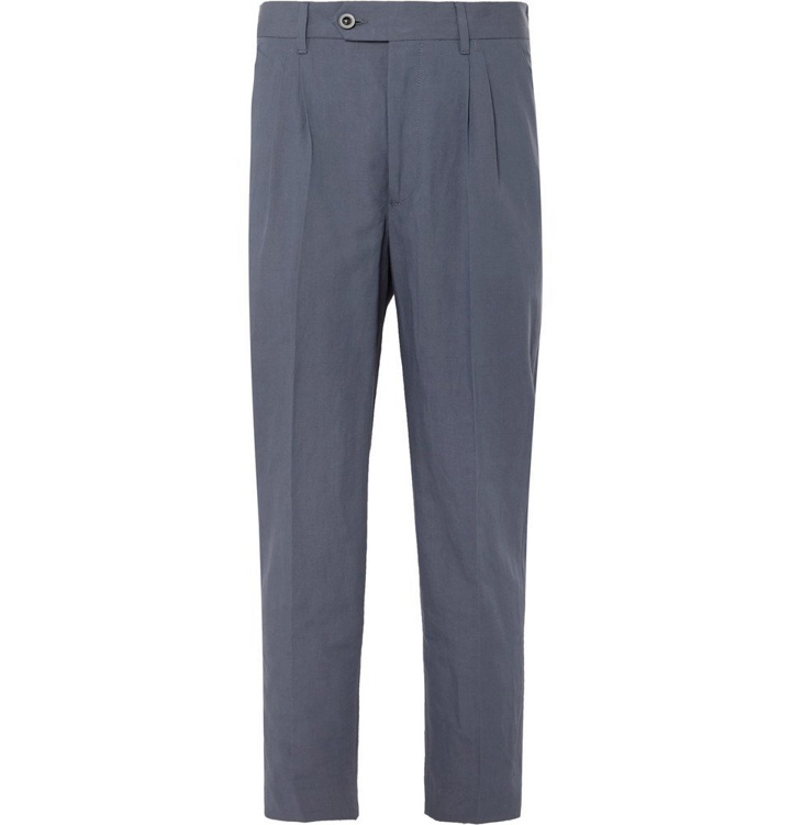 Photo: Mr P. - Dark-Blue Cropped Tapered Pleated Linen and Cotton-Blend Suit Trousers - Blue