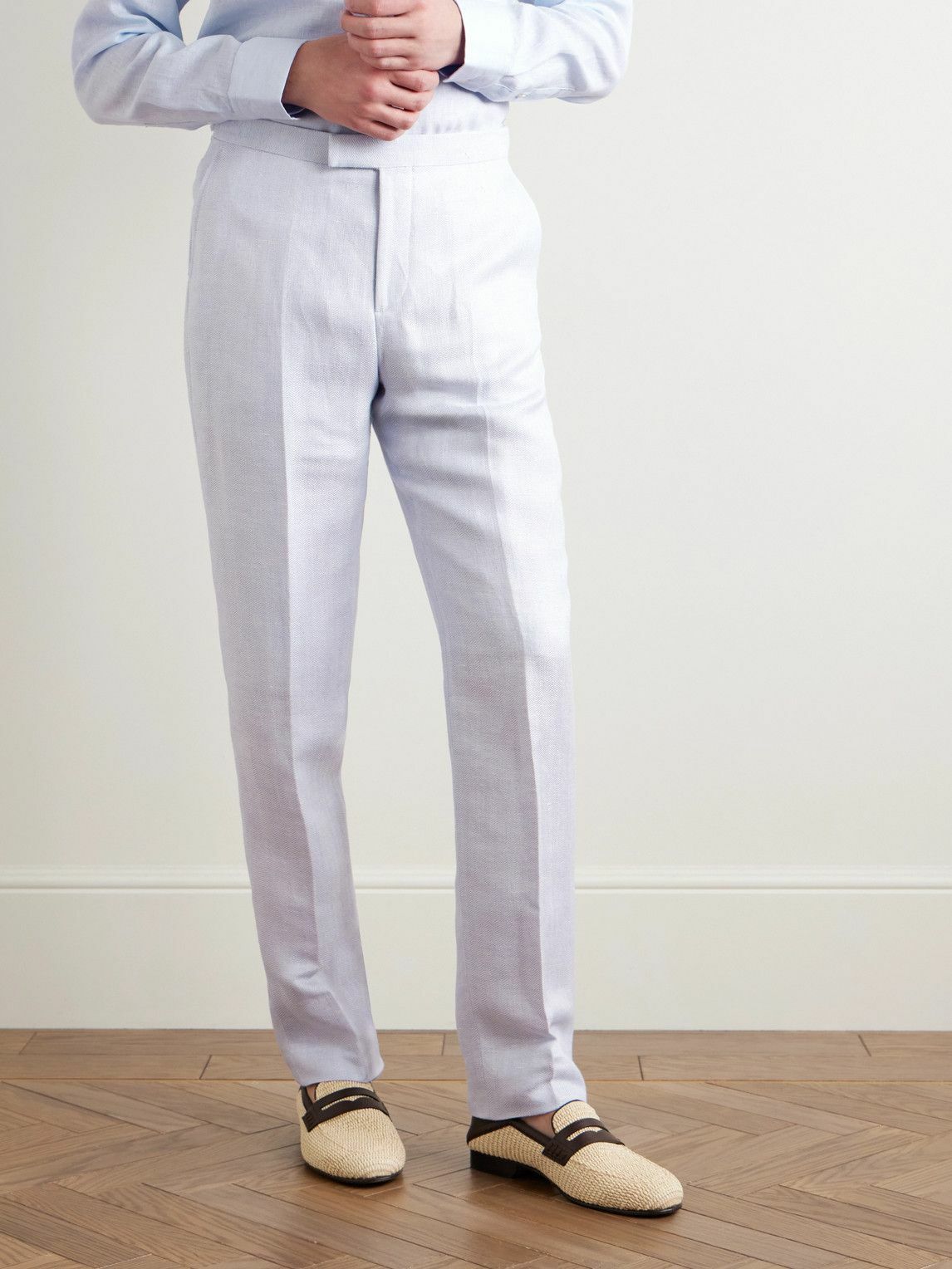 Favourbrook - Slim-Fit Herringbone Linen and Silk-Blend Suit Trousers - Blue
