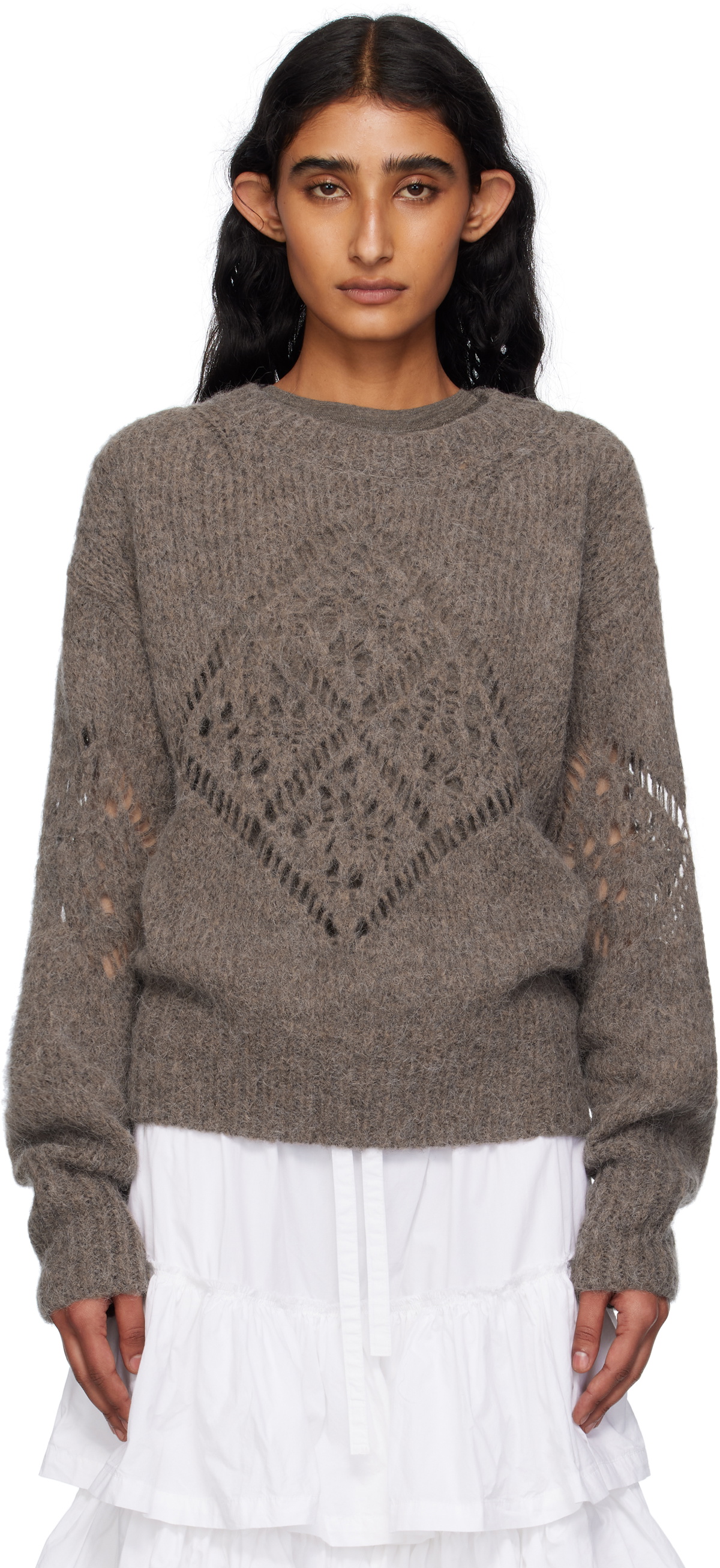 OPEN YY Taupe Alpaca Argyle Pointelle Sweater