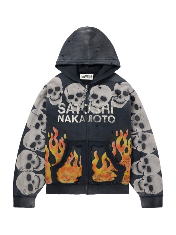 Photo: Satoshi Nakamoto - Lots Boys Printed Distressed Cotton-Jersey Zip-Up Hoodie - Black