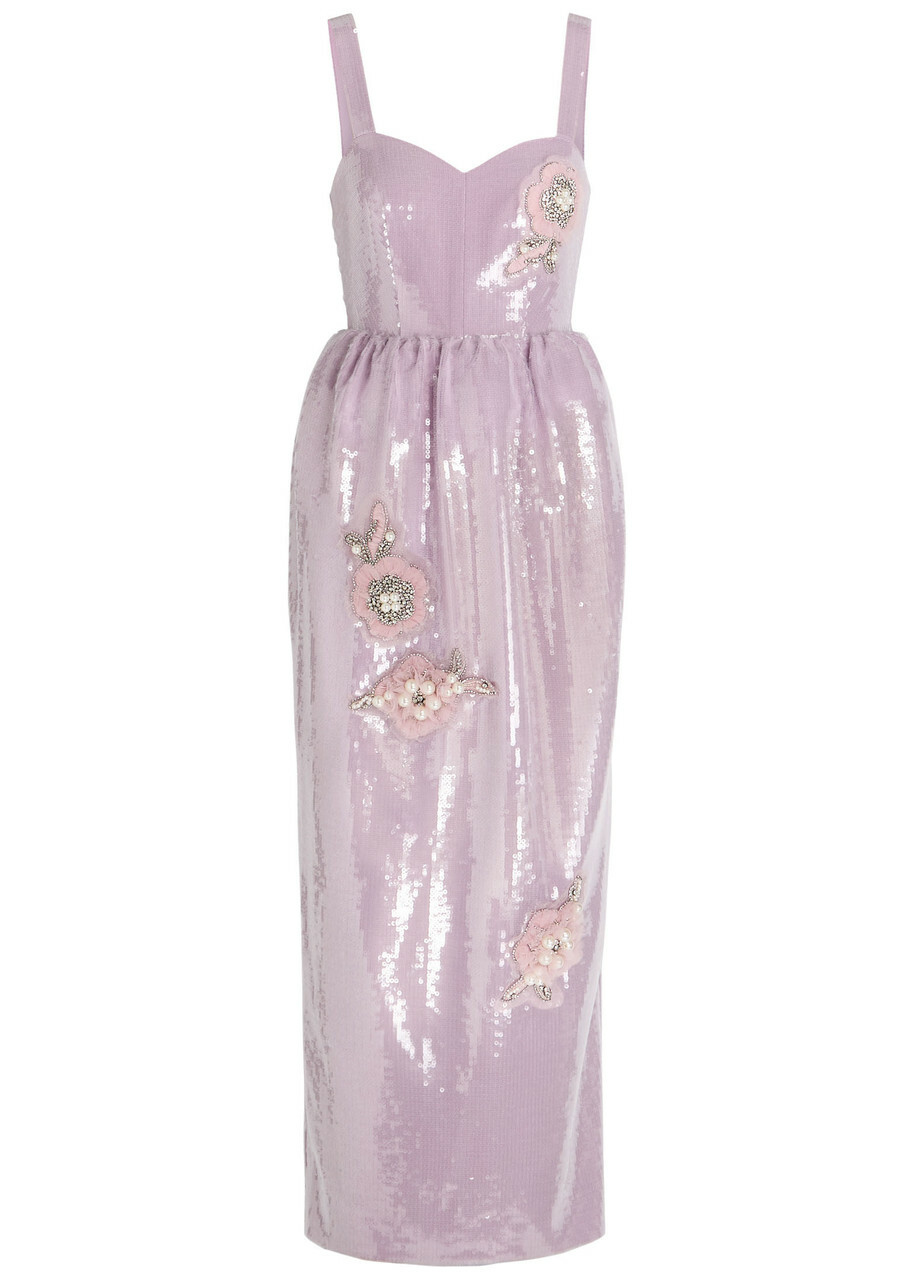 Huishan Zhang Esmeralda Floral-appliquéd Sequin Midi Dress Lilac