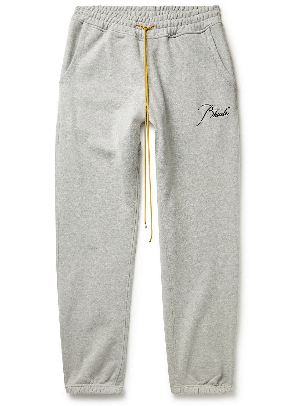 Photo: Rhude - Tapered Logo-Embroidered Cotton-Jersey Sweatpants - Gray