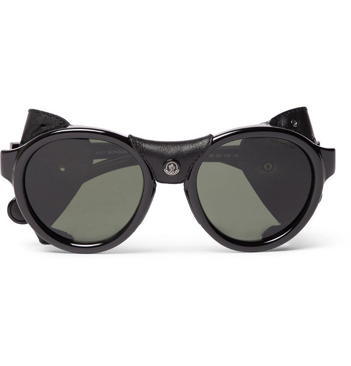 Photo: Moncler - Round-Frame Leather-Trimmed Acetate Polarised Sunglasses - Men - Black