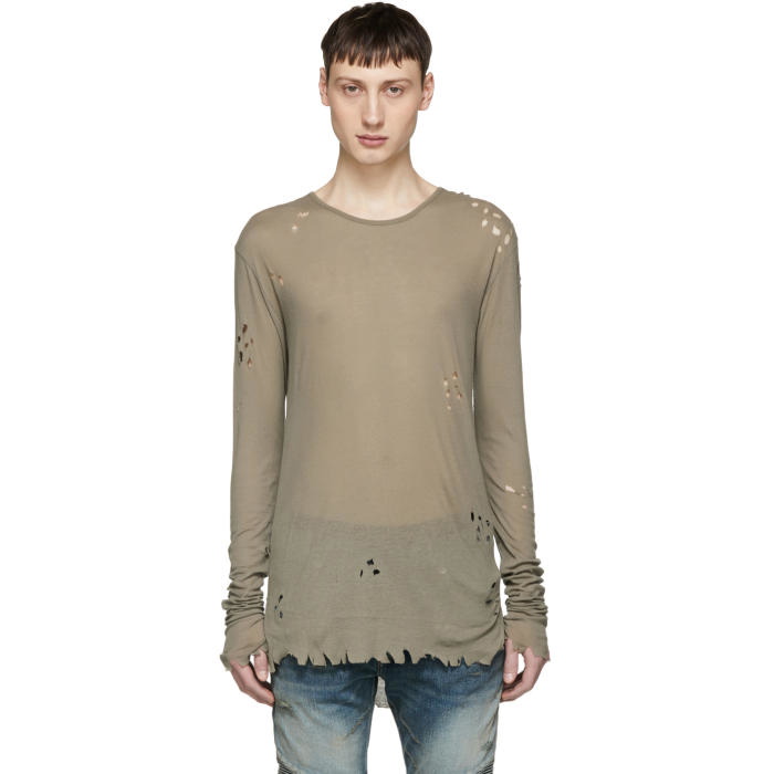 Photo: Balmain Khaki Long Sleeve Distressed T-Shirt 