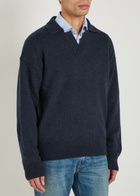 Boss Open Collar Wool Polo Jumper Navy