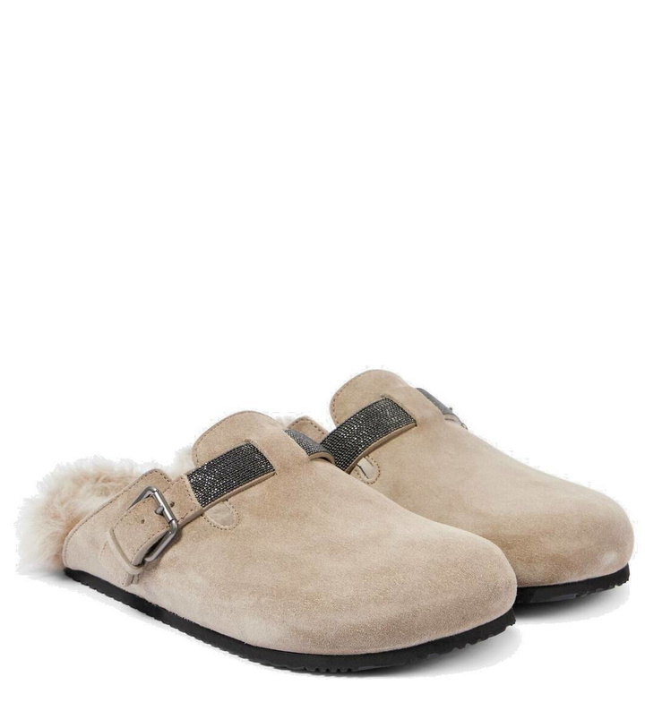 Photo: Brunello Cucinelli Beaded shearling-lined suede clogs