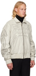 Balmain Off-White Embroidered Leather Bomber Jacket