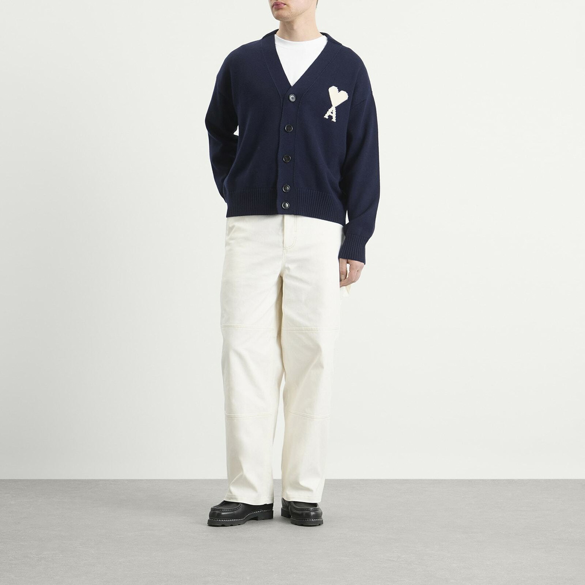 AMI Paris Men's Cardigan With Contrasted Ami De Coeur in Encre