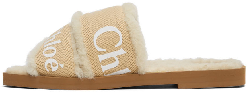 Chloé Beige Shearling Woody Flat Mules