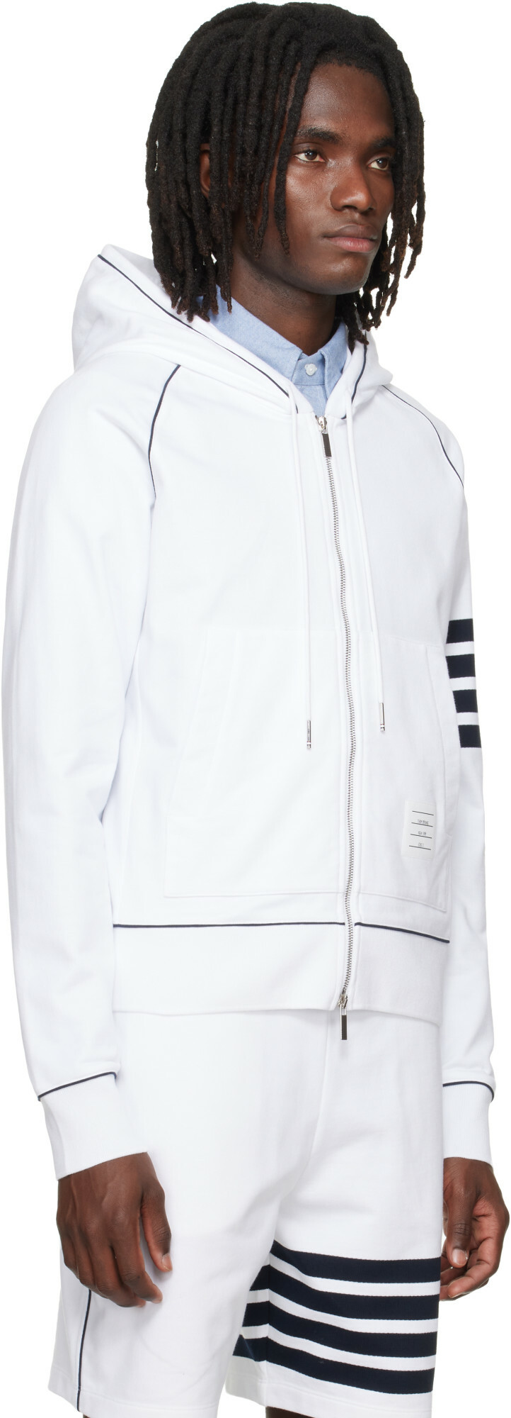 Thom Browne White Loopback 4-Bar Zip Up Hoodie