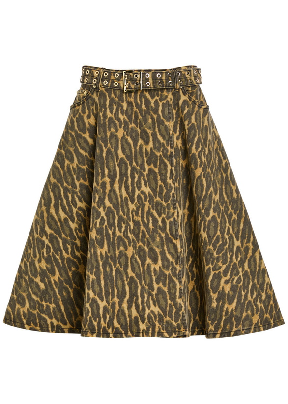 Photo: Ganni Belted Leopard-print Stretch-denim Midi Wrap Skirt Khaki