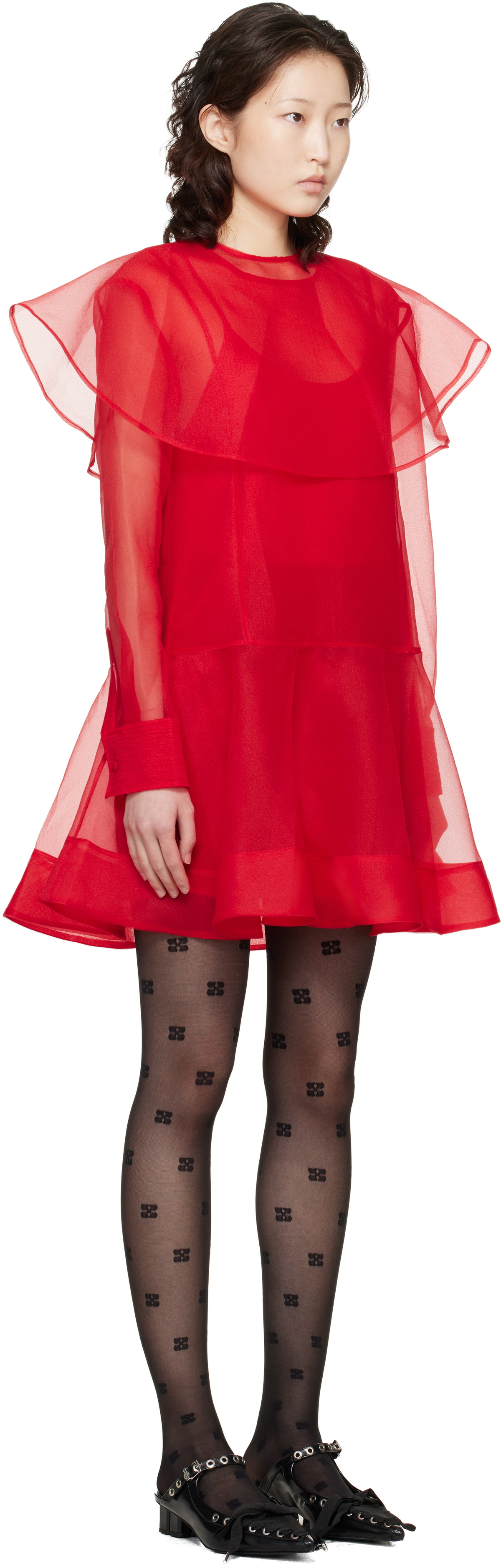 GANNI Red Organza Circle Collar Minidress