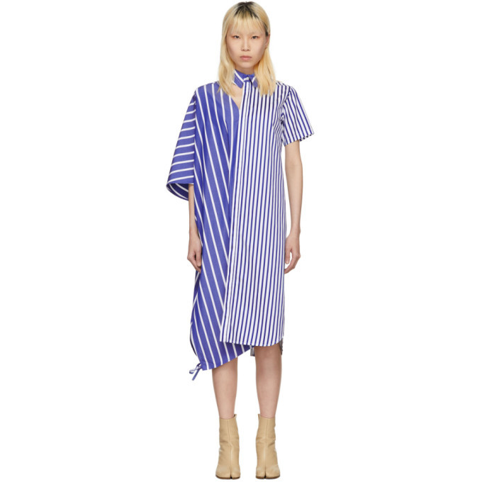 Facetasm Blue and White Striped Asymmetric Shirt Dress