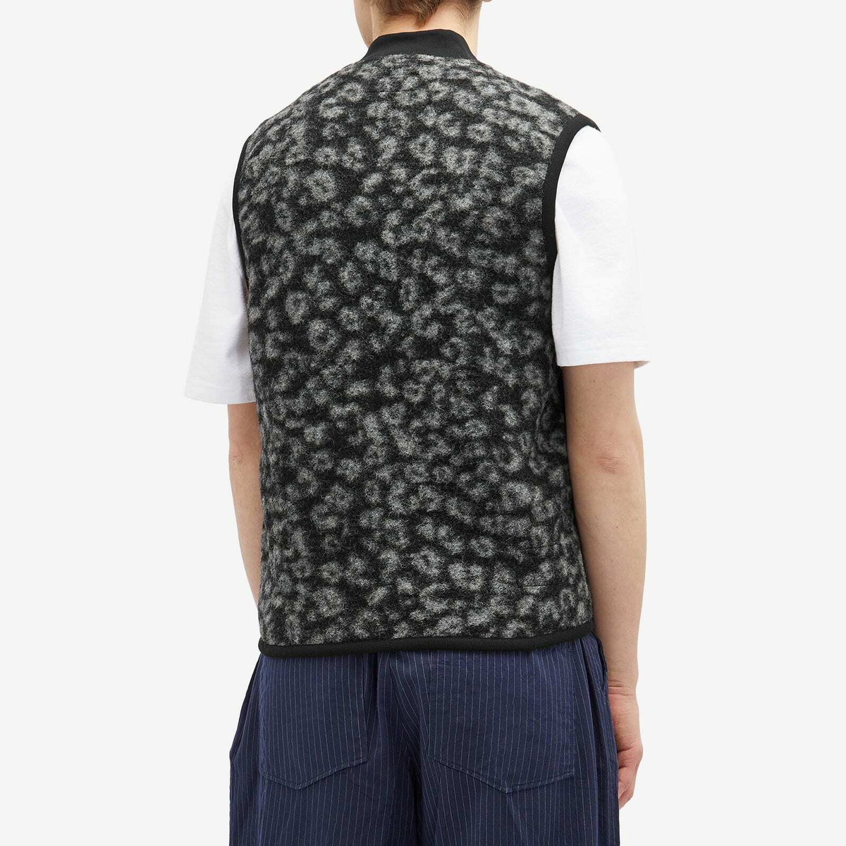 Universal Works Men's Leopard Wool Fleece Gilet in Black/Charcoal