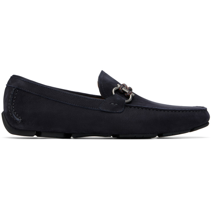 Photo: Ferragamo Navy Gancini Ornament Driver Loafers