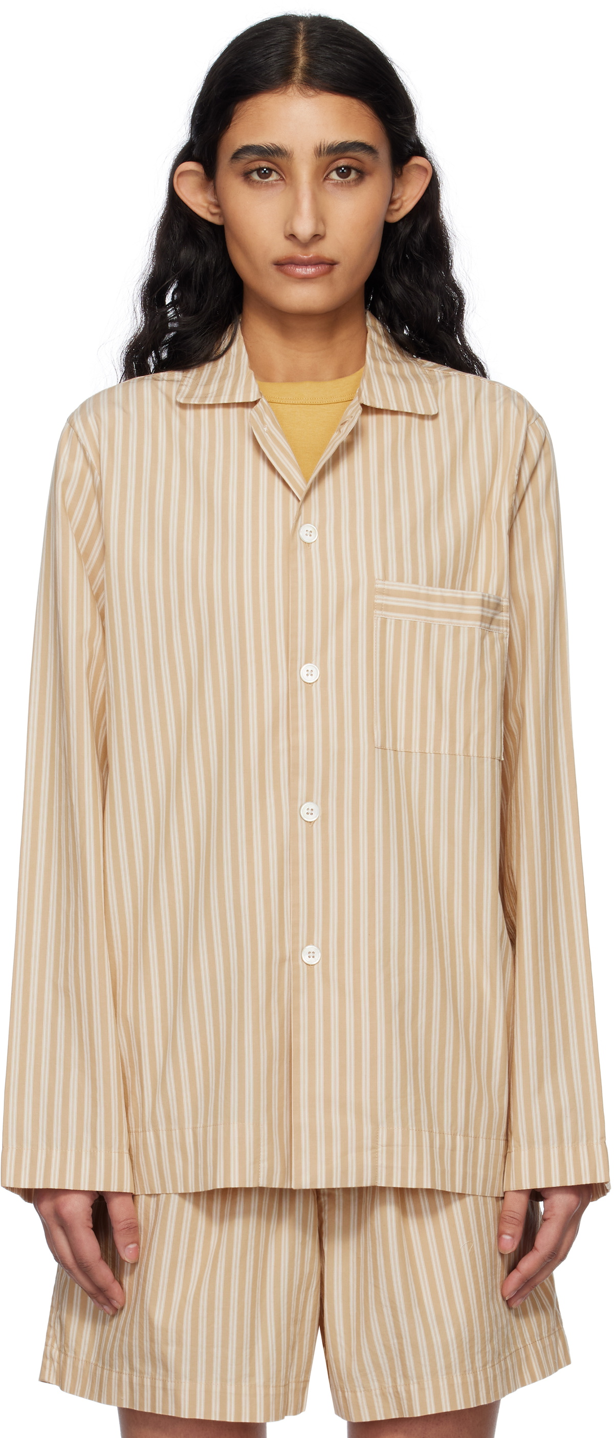 Tekla Tan & Beige Poplin Long-Sleeved Pyjama Shirt