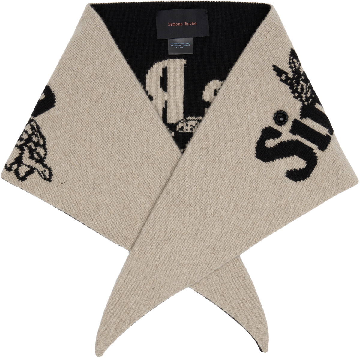 Simone Rocha Black & Beige Graphic Logo Knit Neckerchief Scarf