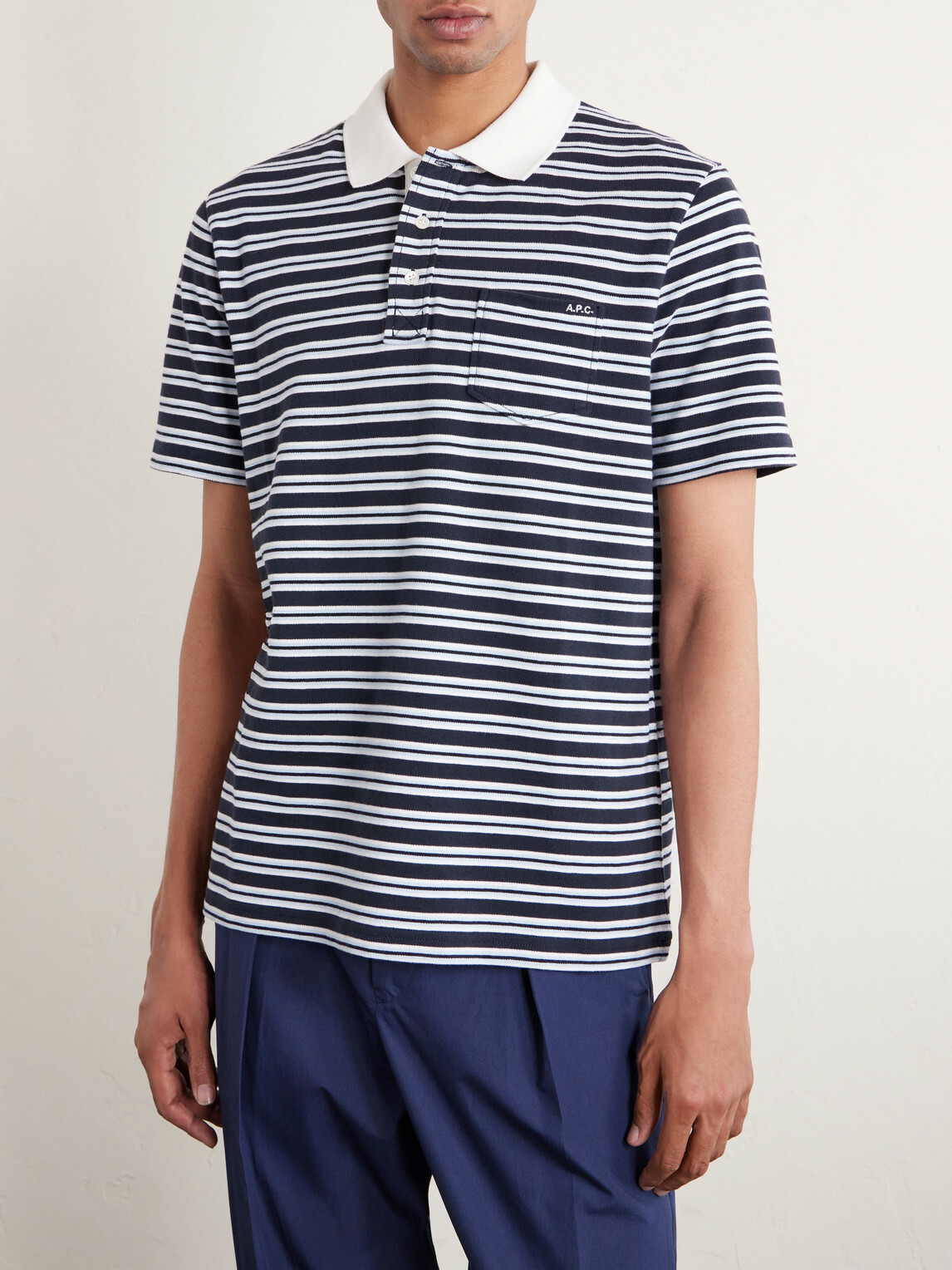 A.P.C. - Oscar Logo-Embroidered Striped Organic Cotton-Piqué Polo Shirt - Blue