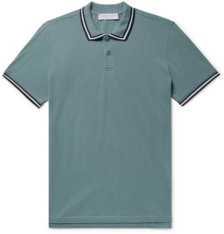 Photo: Orlebar Brown - Jarrett Slim-Fit Contrast-Tipped Cotton-Piqué Polo Shirt - Men - Gray green