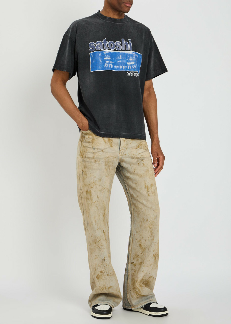 Satoshi Nakamoto Don't Forget To Smile Printed Distressed Cotton T-shirt Black