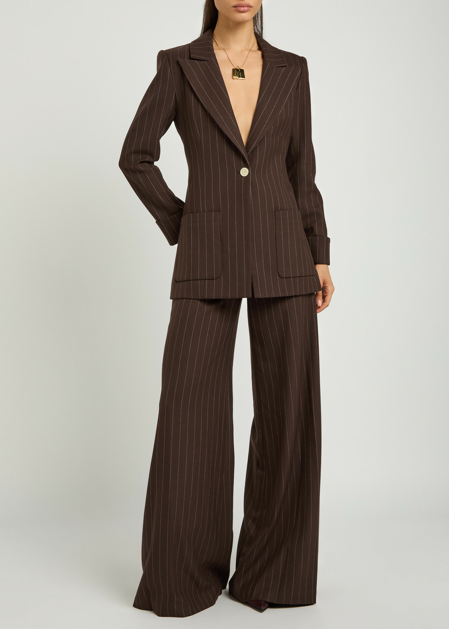 Alice + Olivia Olivia Pinstriped Wide-leg Twill Trousers Dark Brown