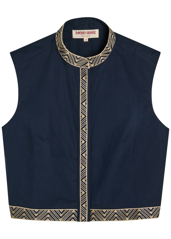 Photo: Emporio Sirenuse Andorra Embroidered Cotton-poplin top Navy