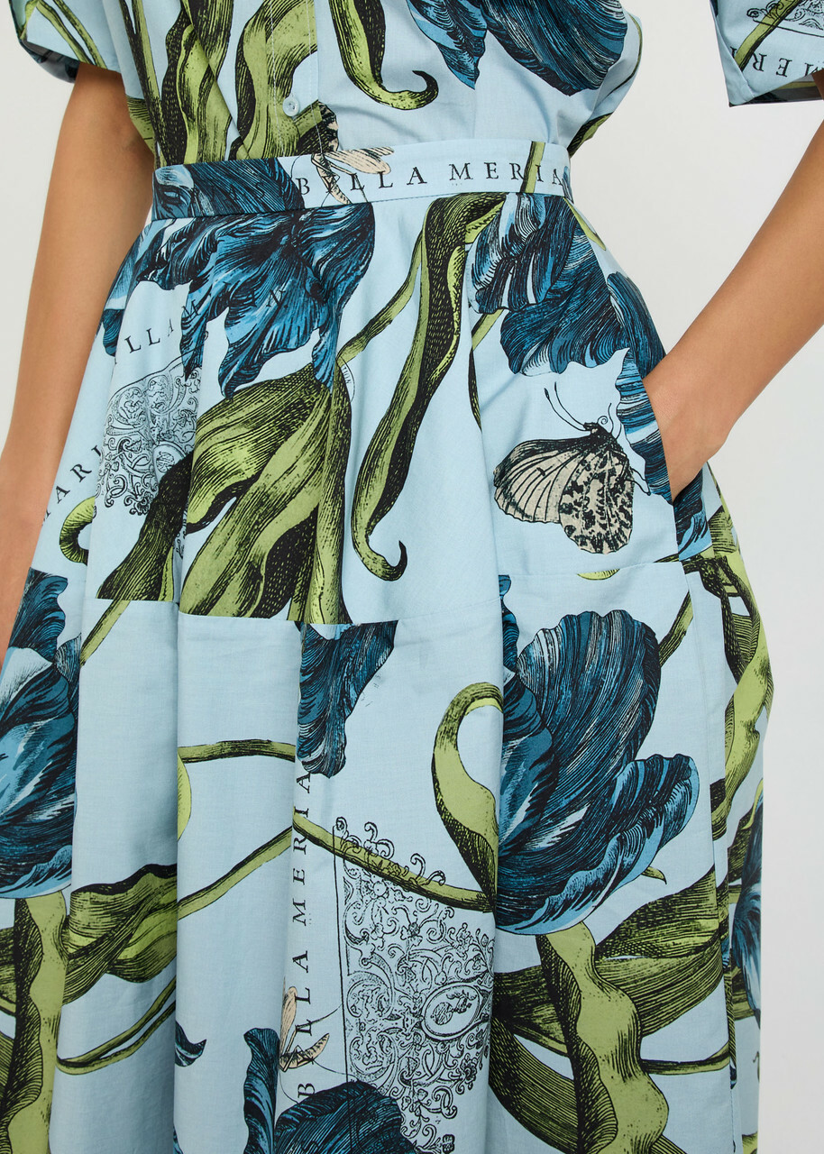 Erdem Printed Cotton-poplin Midi Skirt Blue