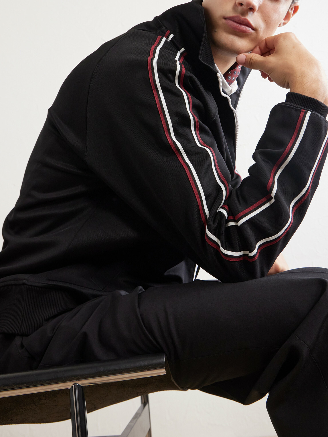 SAINT LAURENT - Logo-Detailed Striped Stretch-Jersey Zip-Up Sweatshirt - Black
