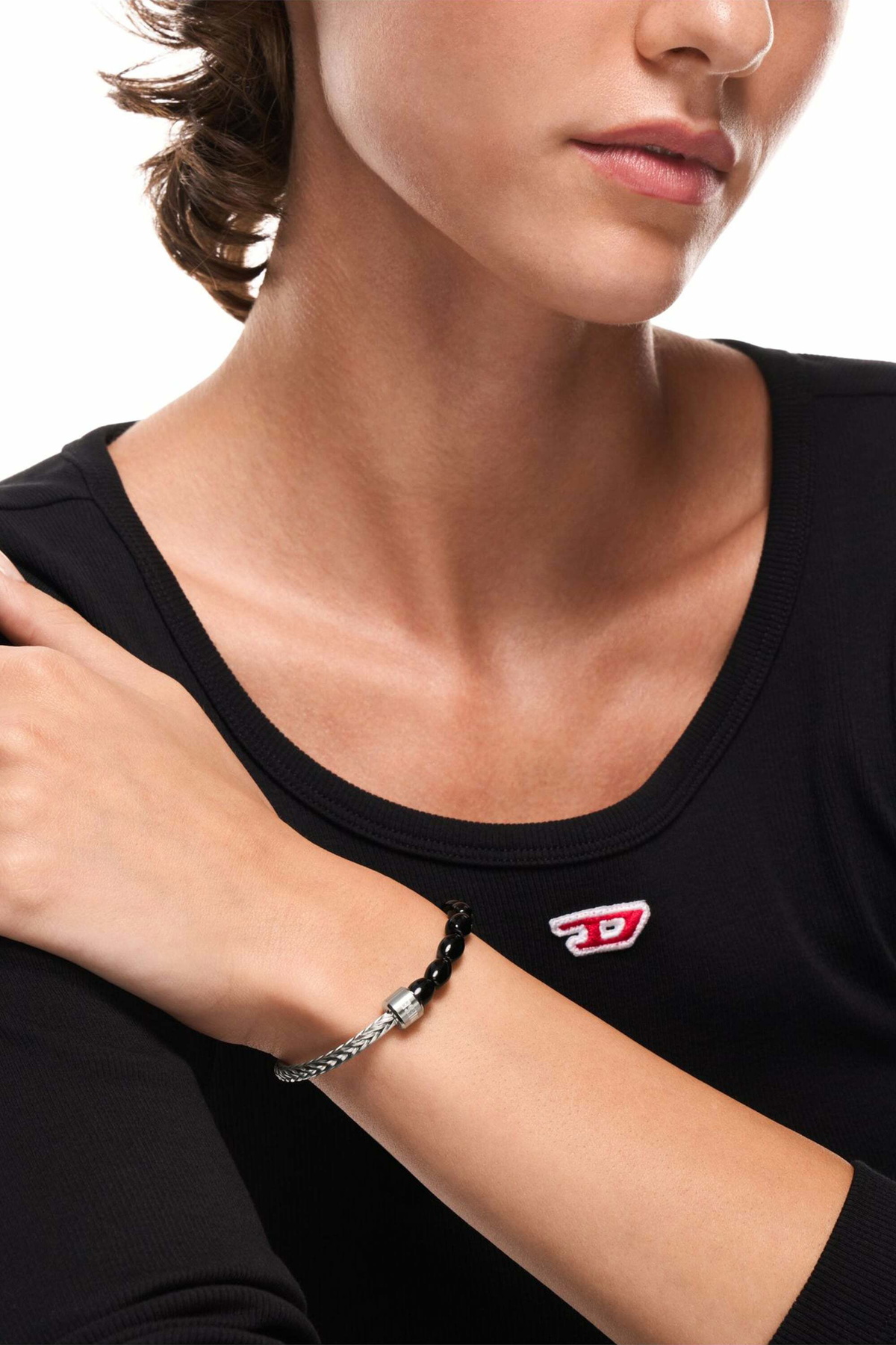 Diesel Black Agate Beaded Bracelet - Bracelets - Unisex - Silver