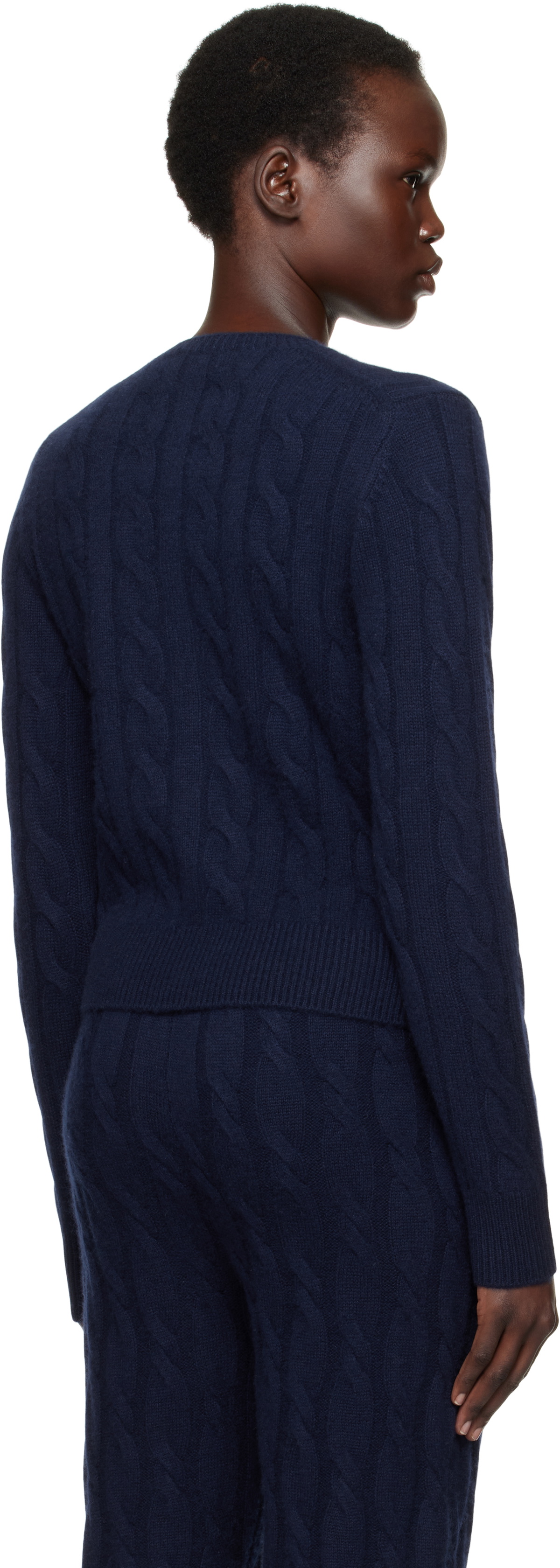 Sporty & Rich Navy 'SRC' Cableknit Cashmere Cardigan