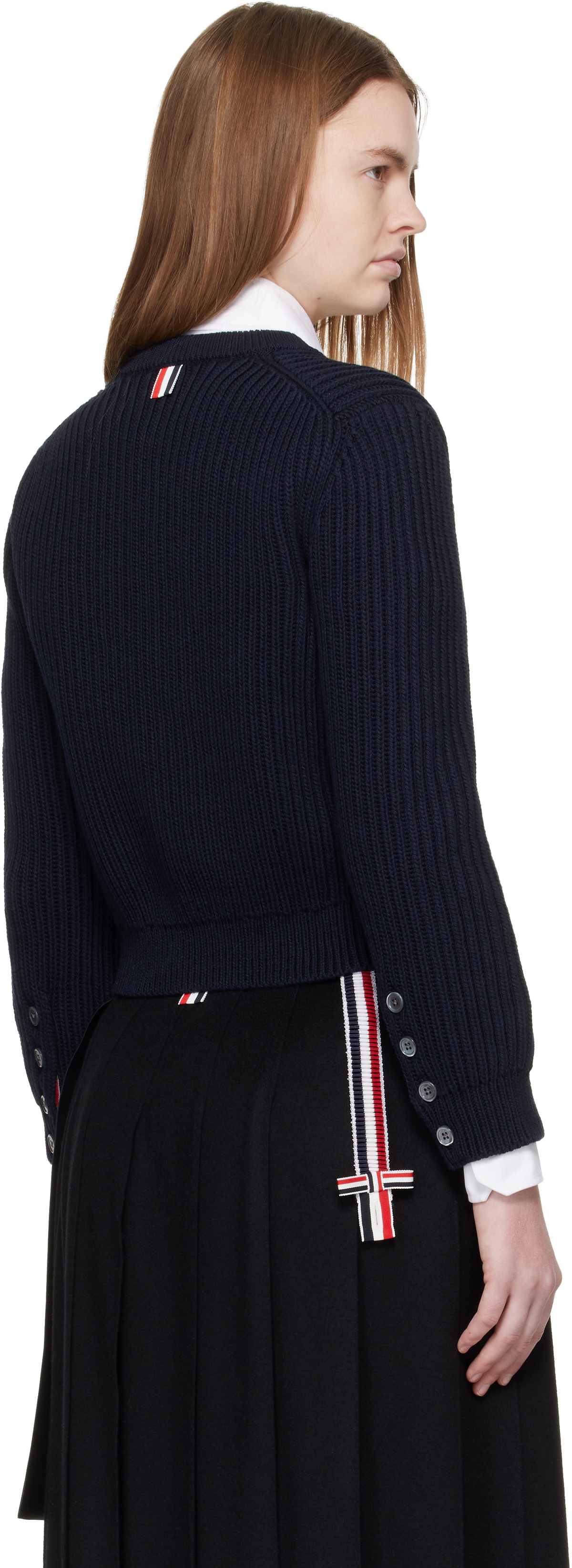 Thom Browne Navy Full Stitch Cropped Crew Neck Cardigan