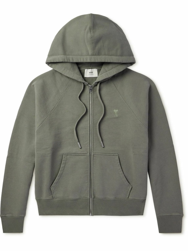Photo: AMI PARIS - Logo-Embroidered Organic Cotton-Jersey Zip-Up Hoodie - Gray