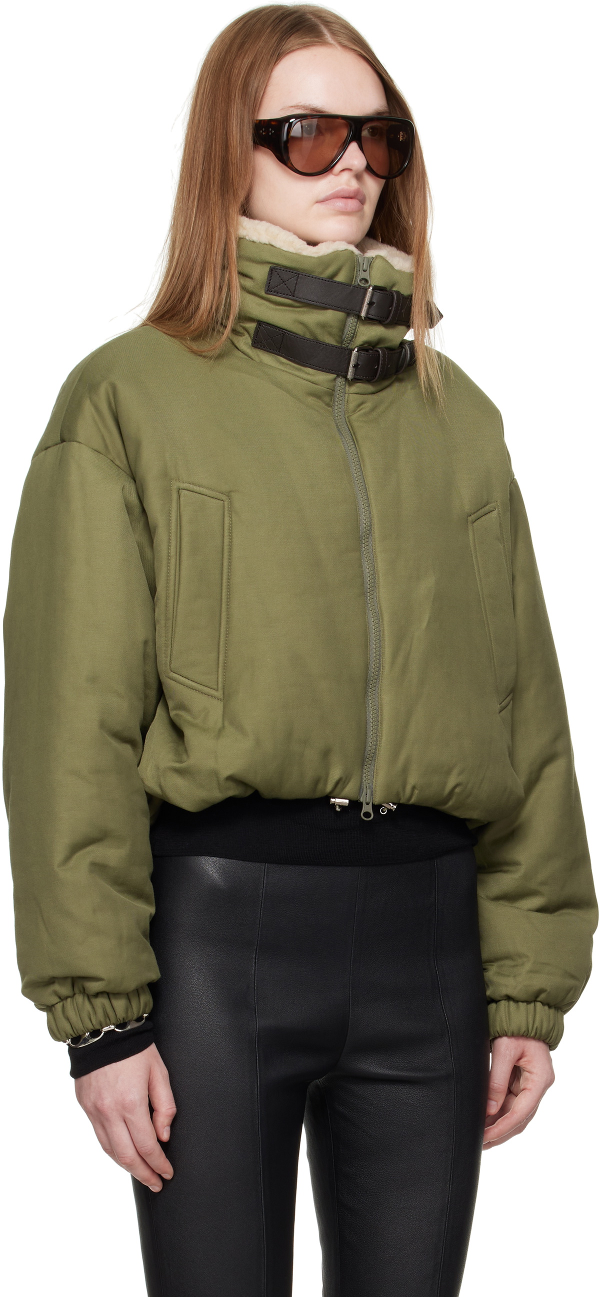 R2W Green Kinsley Leather Buckle Padded Bomber Jacket