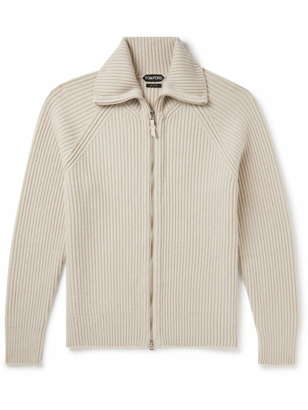 Photo: TOM FORD - Ribbed Wool and Cashmere-Blend Zip-Up Cardigan - Gray