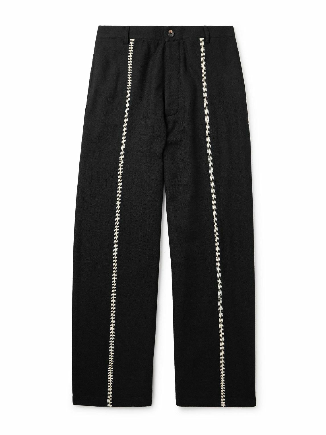 Kartik Research - Manari Straight-Leg Embroidered Textured-Wool Trousers - Black