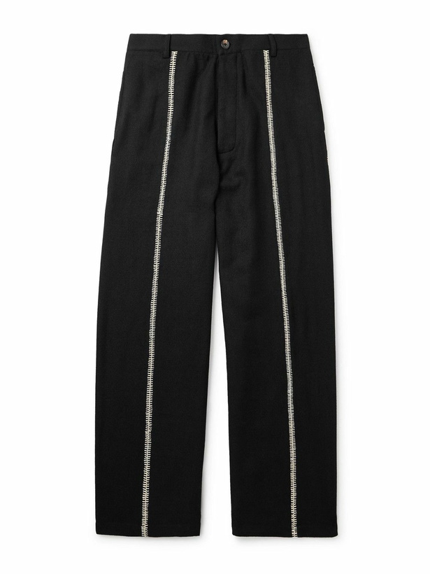 Photo: Kartik Research - Manari Straight-Leg Embroidered Textured-Wool Trousers - Black